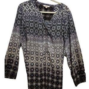 Roz‎ & Ali Womens 3X Geometric Print V Neck Long Sleeve top boho career artsy